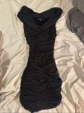 GUESS Black with White Microdot Ruched Mini Dress